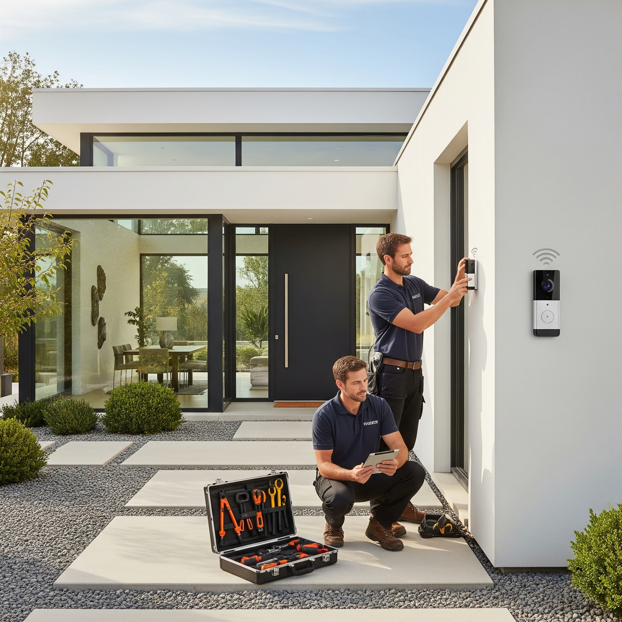 Modern residential security system with smart doorbell and surveillance cameras