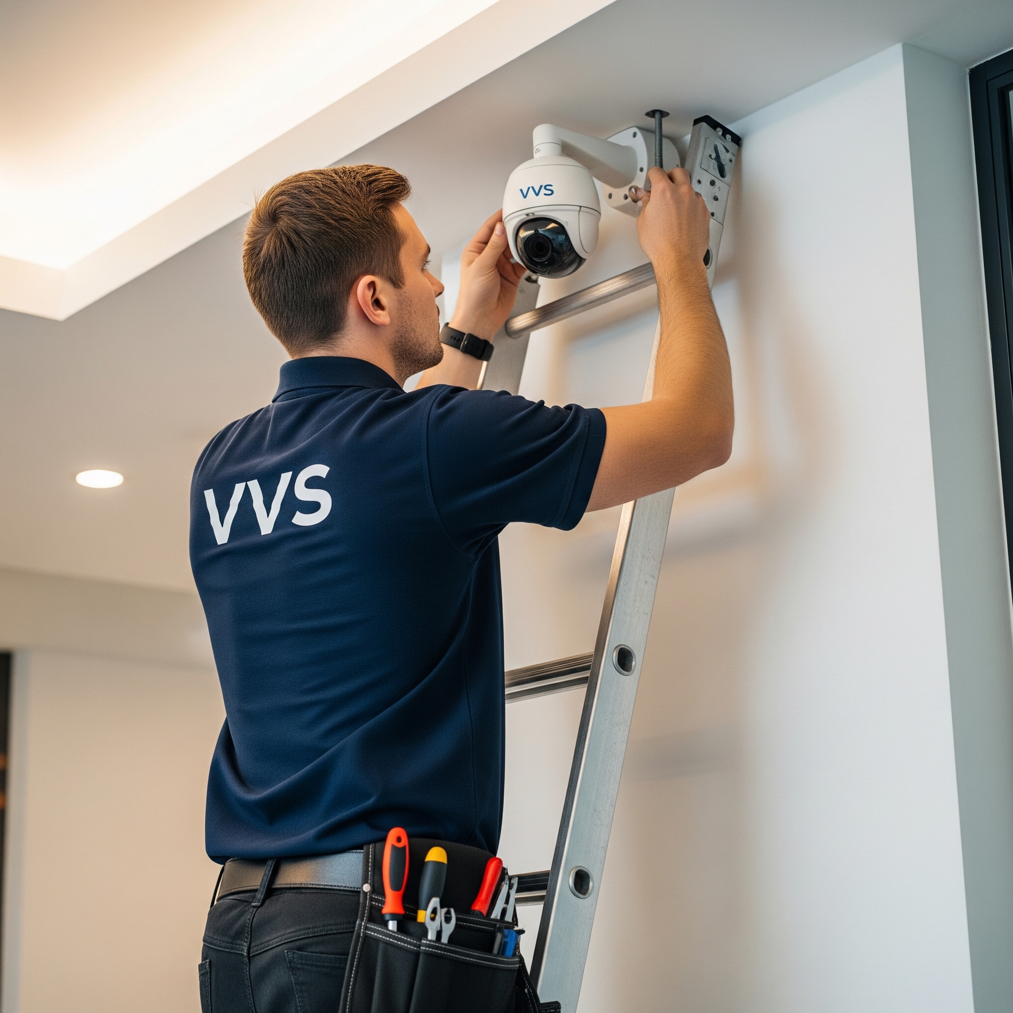Expert security technician installing professional surveillance equipment